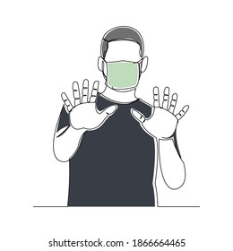 Continuous line drawing of man wearing surgical mask to protect disease, flu, air pollution, pandemic, virus. Vector illustration