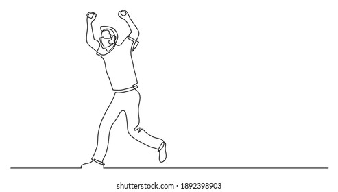 continuous line drawing of man wearing face mask running happy with hands up