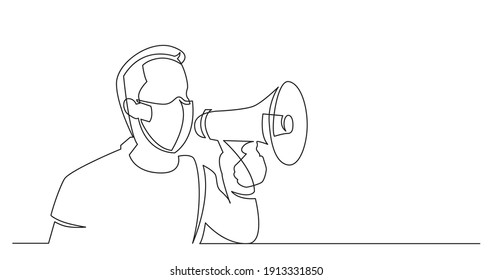 continuous line drawing of man wearing face mask shouting in megaphone