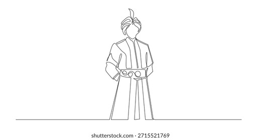 Dibujo de línea continuo de un hombre con ropa tradicional otomana que simboliza la identidad histórica, la nobleza y el patrimonio cultural. Ilustración de una sola línea adecuada para temas de historia, cultura e imperio.