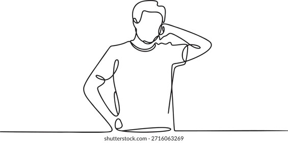 Kontinuierliche Linienzeichnung des Mannes mit T-Shirt und Hose, mit der Hand auf Kinn oder Kopf.  Pensive oder selbstbewusste Pose.  Minimalistische künstlerische Darstellung der menschlichen Figur.  Saubere Linien auf transparentem Hintergrund.