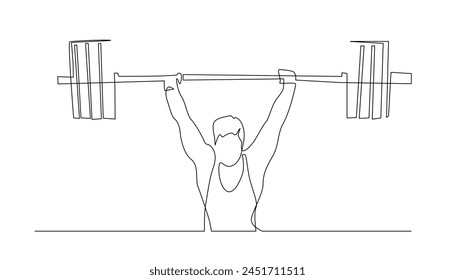 continuous line drawing of man weightlifting .single line lifting barbell in gym studio.isolated white background