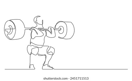 continuous line drawing of man weightlifting .single line lifting barbell in gym studio.isolated white background