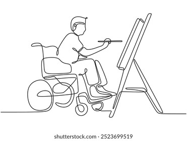 Dibujo de línea continuo de un hombre en silla de ruedas creando arte. Destaca la creatividad y la expresión en un diseño limpio.