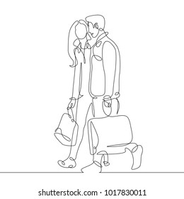 continuous line drawing of man and woman shopping with bags , couple shopping