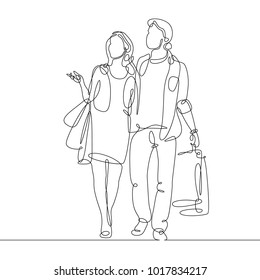 continuous line drawing of man and woman shopping with bags , couple shopping
