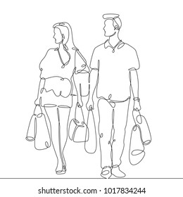 continuous line drawing of man and woman shopping with bags , couple shopping