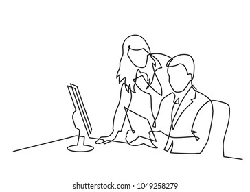 Continuous line drawing of man and  woman talking in the office. Vector illustration.