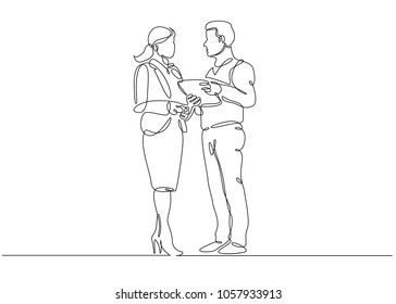 continuous line drawing of man and woman discussing work