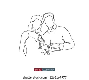 Continuous line drawing of man and woman with glasses of wine. Template for your design works. Vector illustration.