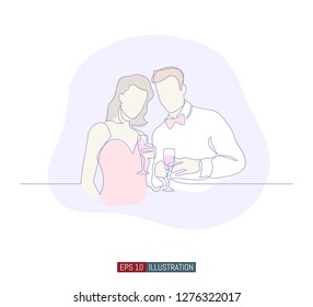 Continuous line drawing of man and woman with glasses of wine. Template for your design works. Vector illustration.