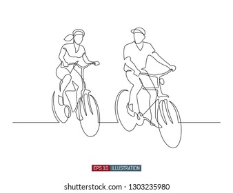 Continuous line drawing of man and woman riding bicycles. Template for your design works. Vector illustration.