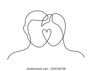 Continuous line drawing of man and woman heads  with heart on white background. Vector illustration