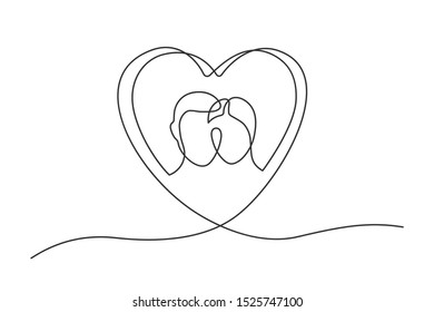 Continuous line drawing of man and woman heads  in heart on white background. Vector illustration