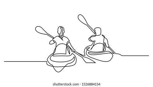 continuous line drawing of man and woman kayaking on beautiful lake waters