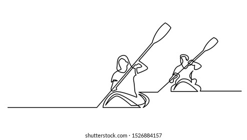 continuous line drawing of man and woman exercising kayaking on beautiful lake waters