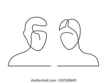 Continuous line drawing of man and woman heads on white background. Vector illustration