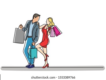 continuous line drawing of man and woman shopping with bags