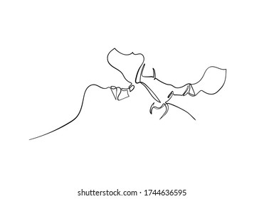 Continuous line drawing of Man and Woman are kissing love and Heads of kiss Valentine concept.