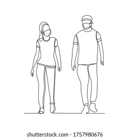 Continuous line drawing of man and woman walking wear medical mask to protect virus and disease. Vector illustration