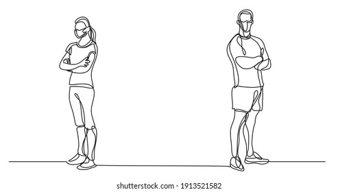 continuous line drawing of man and woman fitess instructors standing wearing face masks