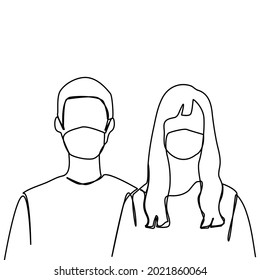 Continuous line drawing of man and woman walking wear medical mask to protect virus and disease. 