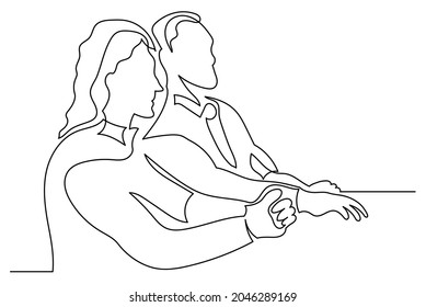 
Continuous Line Drawing Man And Woman Sitting And Listening Attentively Concept Of Coaching Lectures, Professional Development.