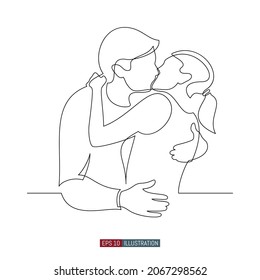 Continuous line drawing of Man and woman hug and kiss. Template for your design works. Vector illustration.