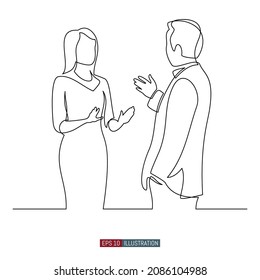 Continuous line drawing of man and woman dialog. Template for your design works. Vector illustration.