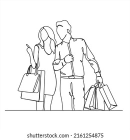 Dibujo continuo de hombres y mujeres haciendo compras con bolsas, haciendo compras en pareja