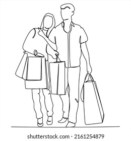 Continuous line drawing of man and woman shopping with bags , couple shopping