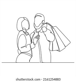 Continuous line drawing of man and woman shopping with bags , couple shopping