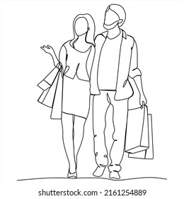 Continuous line drawing of man and woman shopping with bags , couple shopping