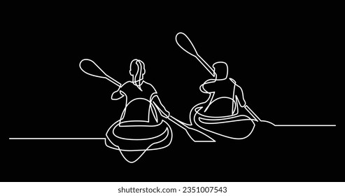 continuous line drawing of man and woman kayaking on beautiful lake waters