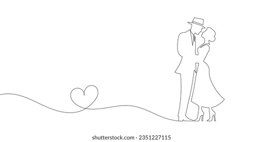 continuous line drawing of man and woman kissing. Love concept on white background. Vector illustration