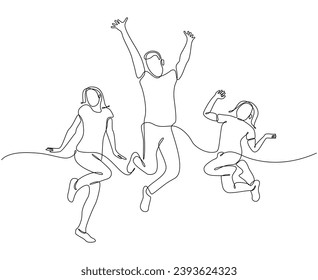 Continuous line drawing of man and woman jumping for joy