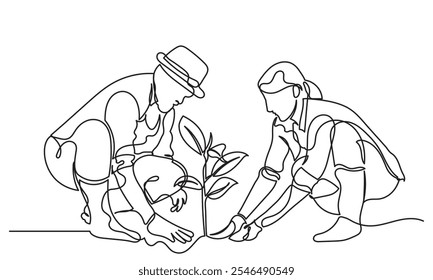 Desenho de linha contínua de um homem, mulher ou casal plantando árvores. Ilustrações de conceito de estilo de vida voluntário e ecológico. Cuidar do ambiente Vetor de arte de linha isolado em um branco 
