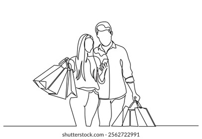 continuous line drawing of a man and woman shopping with bags. Single line A happy couple shopping.Self-drawing happy romantic couple holding shopping paper bags.