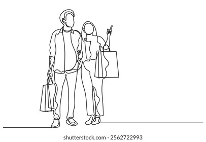 continuous line drawing of a man and woman shopping with bags. Single line A happy couple shopping.Self-drawing happy romantic couple holding shopping paper bags.