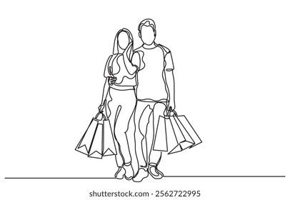 continuous line drawing of a man and woman shopping with bags. Single line A happy couple shopping.Self-drawing happy romantic couple holding shopping paper bags.