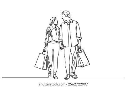 continuous line drawing of a man and woman shopping with bags. Single line A happy couple shopping.Self-drawing happy romantic couple holding shopping paper bags.