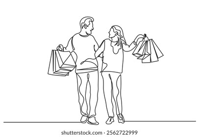 continuous line drawing of a man and woman shopping with bags. Single line A happy couple shopping.Self-drawing happy romantic couple holding shopping paper bags.