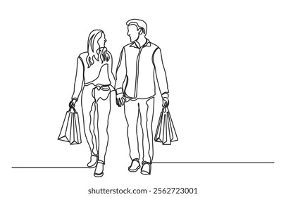 continuous line drawing of a man and woman shopping with bags. Single line A happy couple shopping.Self-drawing happy romantic couple holding shopping paper bags.