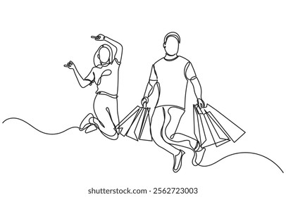 continuous line drawing of a man and woman shopping with bags. Single line A happy couple shopping.Self-drawing happy romantic couple holding shopping paper bags.