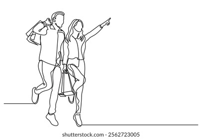 continuous line drawing of a man and woman shopping with bags. Single line A happy couple shopping.Self-drawing happy romantic couple holding shopping paper bags.