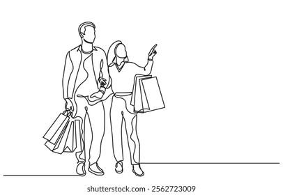 continuous line drawing of a man and woman shopping with bags. Single line A happy couple shopping.Self-drawing happy romantic couple holding shopping paper bags.