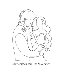 Continuous line drawing of a man and woman, couple, holding and looking at each other, minimalist art. Ideal for love, romantic themes, relationship concepts, and minimalist art project