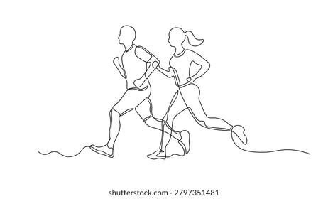 Continuous line drawing of a man and woman running together, minimalist fitness illustration, couple jogging and active lifestyle concept