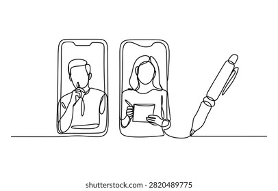 Continuous line drawing of man and woman on smartphone screens with a pen for digital communication and education concept
