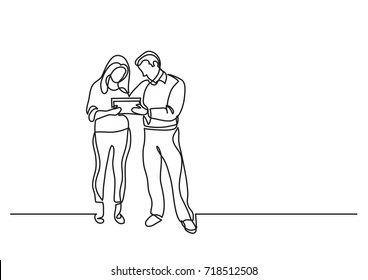 continuous line drawing of man and woman discussing work
